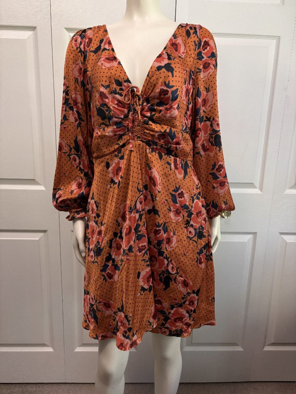Beyond the Radar Floral Mini Dress M Rust Orange Polka Dot Balloon Sleeve Boho